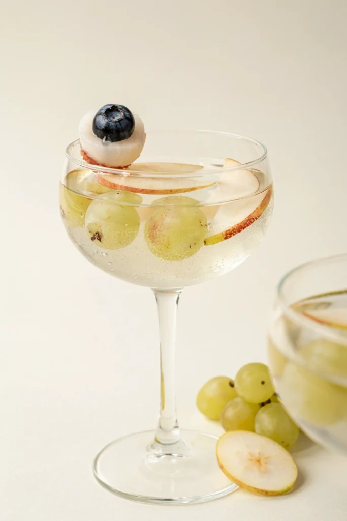 Pale Ghostly White Sangria with white grapes, pear, and apple slices