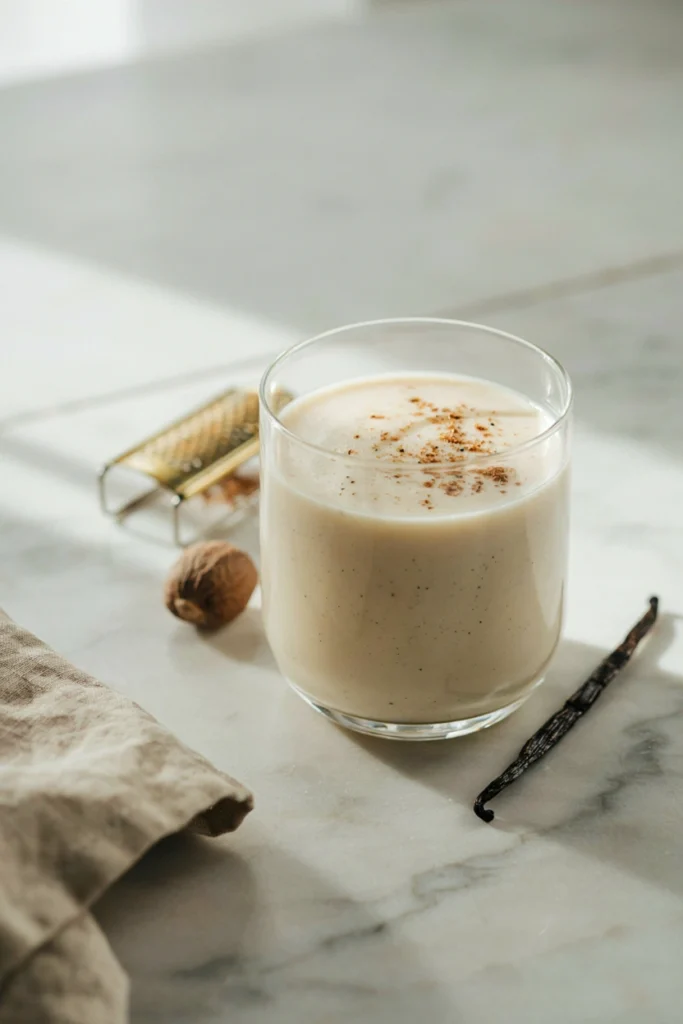 Creamy pale Mummy's Milk Punch dusted with nutmeg in a punch bowl