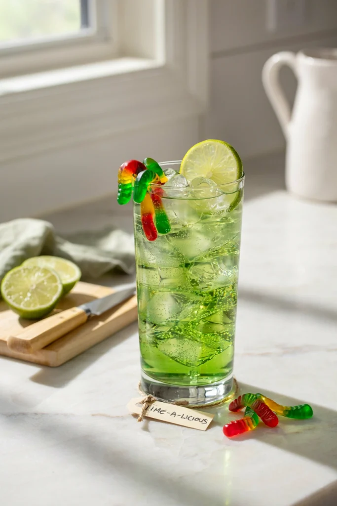 Bright green Frankenstein's Lime Cooler topped with fizz and gummy worms