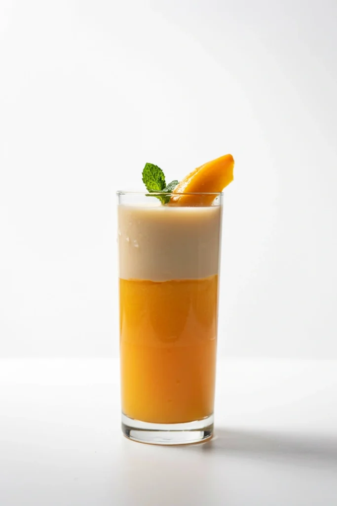Layered Candy Corn Mocktail with orange, mango, and coconut cream layers