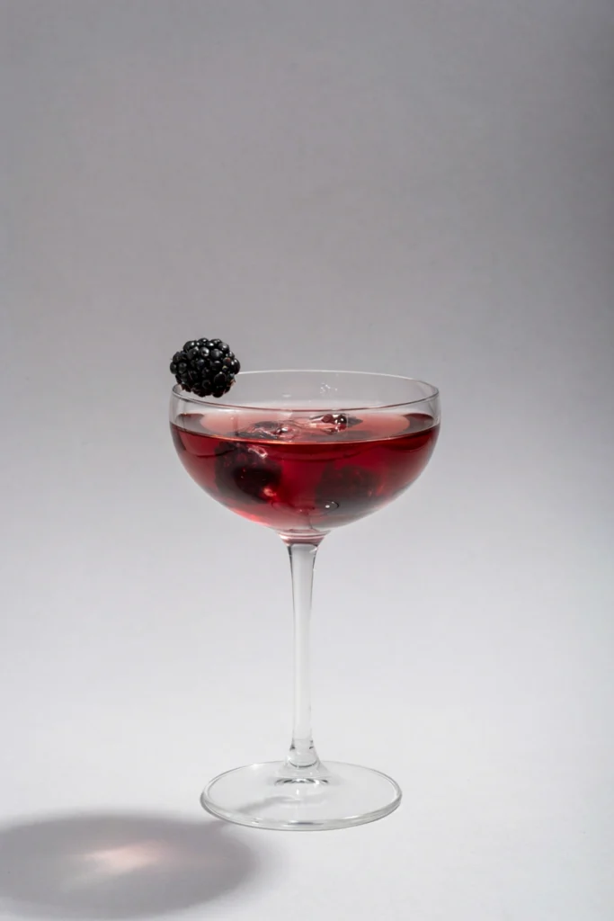 Black Cat Cosmo in a coupe glass garnished with a blackberry