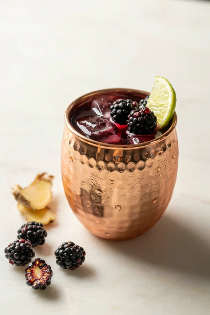 Midnight Mule mocktail in a copper mug with blackberries and a lime wheel