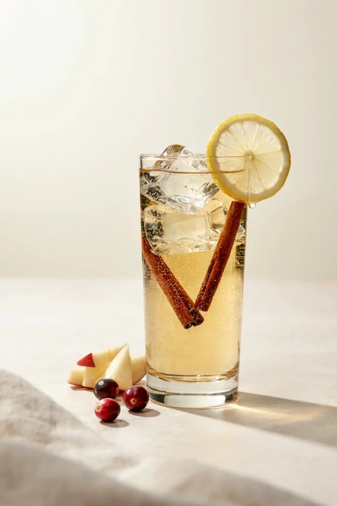 Pale sparkling Skeleton Bones Cider with a cinnamon stick garnish