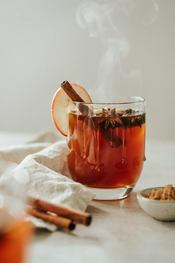 Warm spiced Poison Apple Punch with a caramel drizzle and cinnamon stick garnish