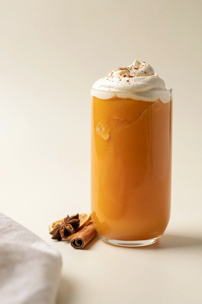 Creamy Pumpkin Spice Mocktail topped with whipped cream and cinnamon