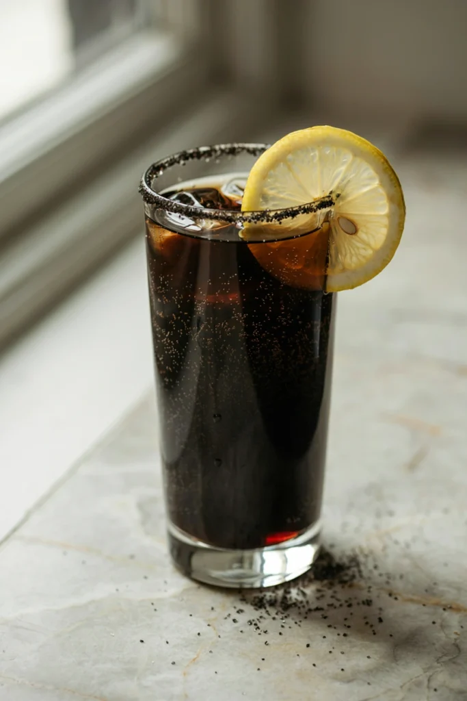 Jet-black Black Magic Fizz with a charcoal-rimmed glass and lemon twist