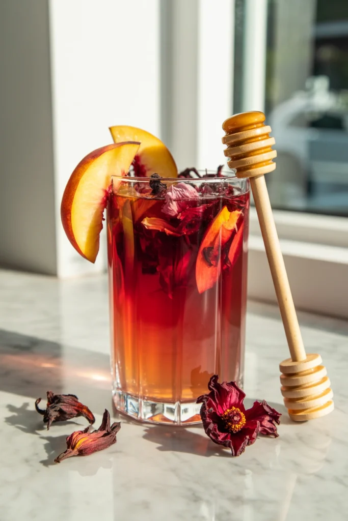 Peach hibiscus cooler mocktail with a dried hibiscus flower