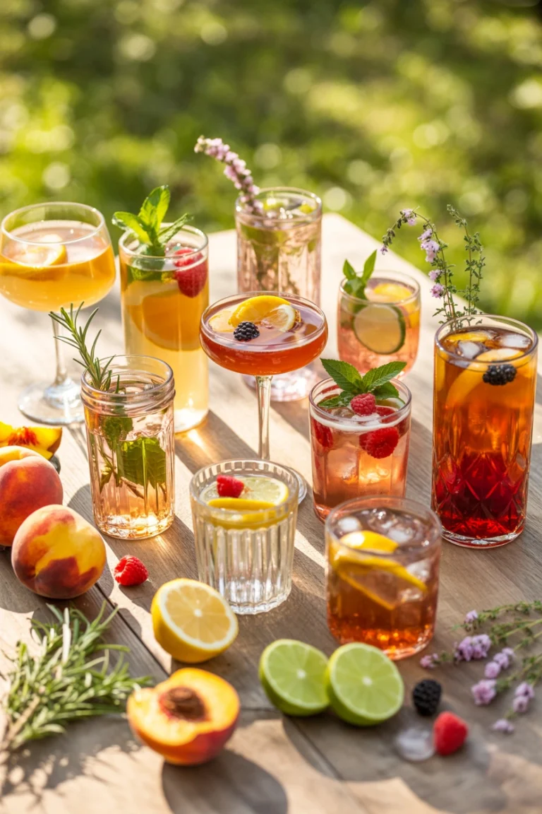 A rustic wooden table scattered with tall glasses of golden peach mocktails, fresh peach slices, mint sprigs, and soft late-afternoon sunlight — warm, inviting, summer-porch mood