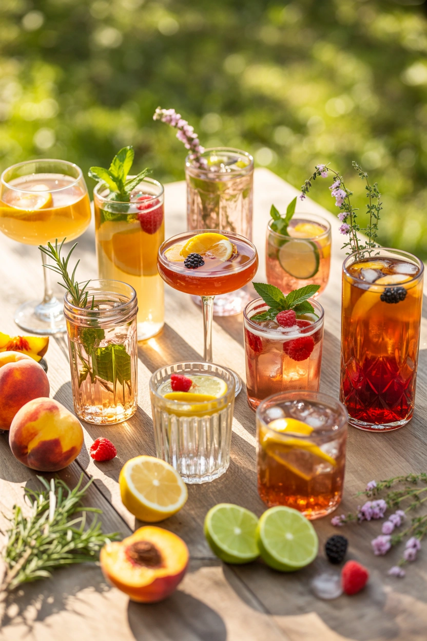 A rustic wooden table scattered with tall glasses of golden peach mocktails, fresh peach slices, mint sprigs, and soft late-afternoon sunlight — warm, inviting, summer-porch mood
