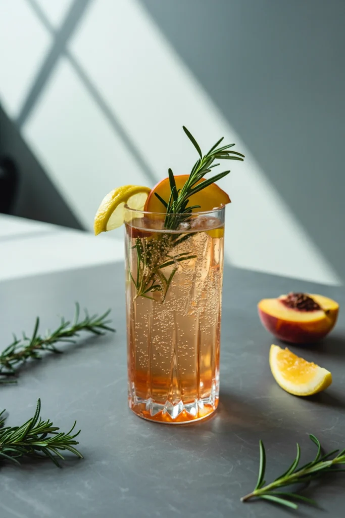 Peach rosemary fizz mocktail with a bruised rosemary sprig