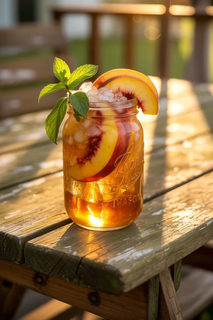 Georgia peach sweet tea mocktail served in a mason jar