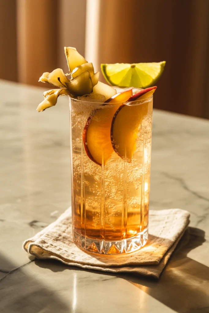 Peach ginger fizz mocktail garnished with candied ginger