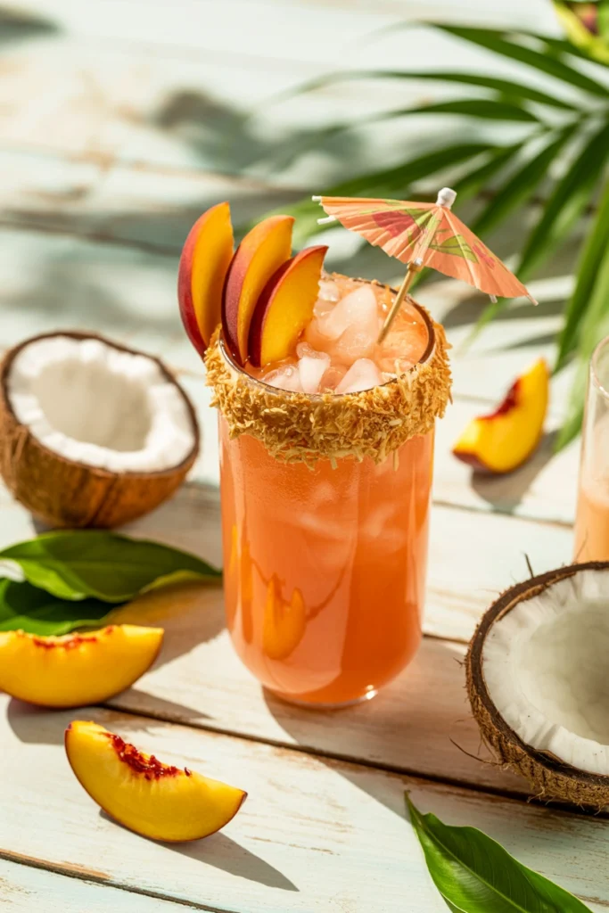 Peach coconut cooler mocktail with toasted coconut rim