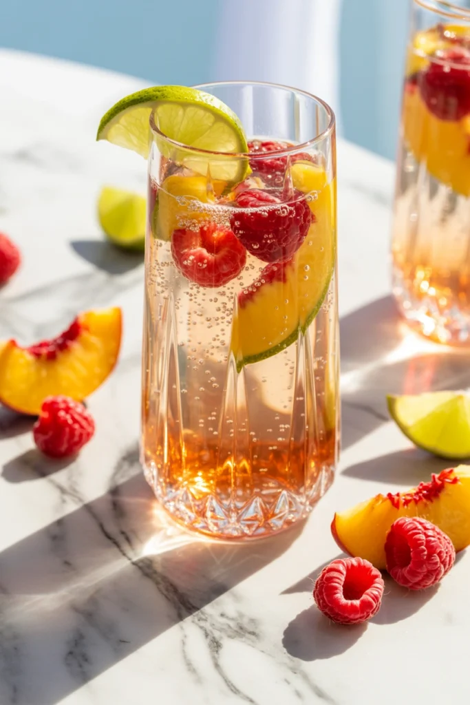 Peach raspberry spritzer with fresh raspberries floating on top