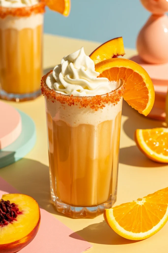 Peach orange creamsicle mocktail with an orange sugar rim