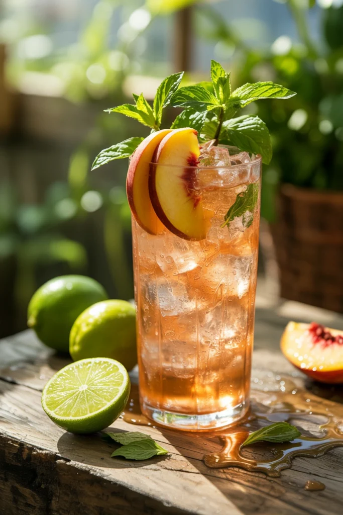 Peach mint cooler mocktail with a fresh mint sprig