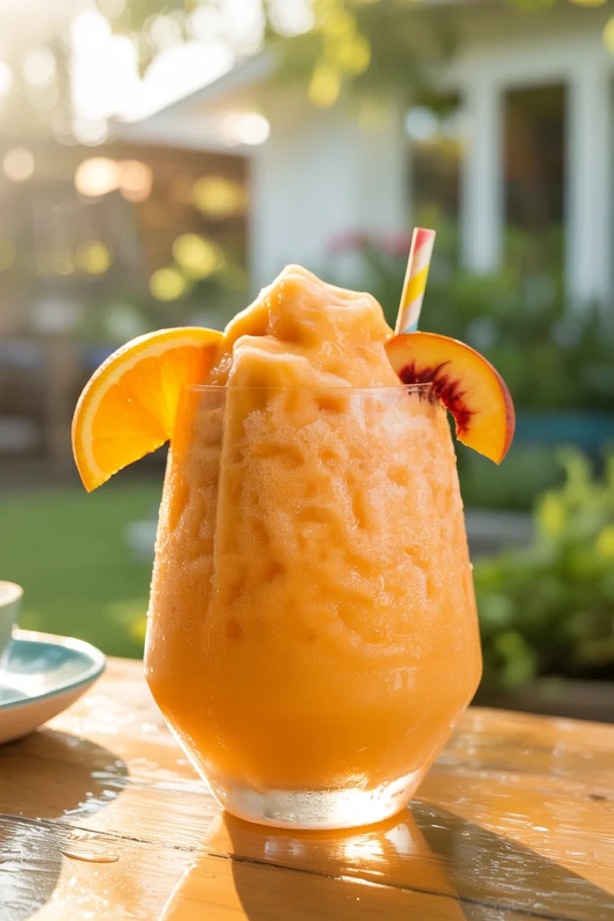 Frozen peach slush mocktail in a glass with a thick straw