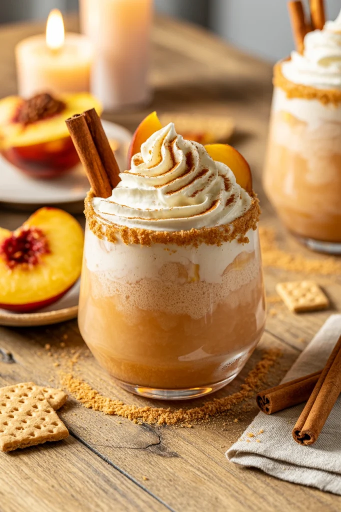 Peach cobbler mocktail with a graham cracker rimmed glass