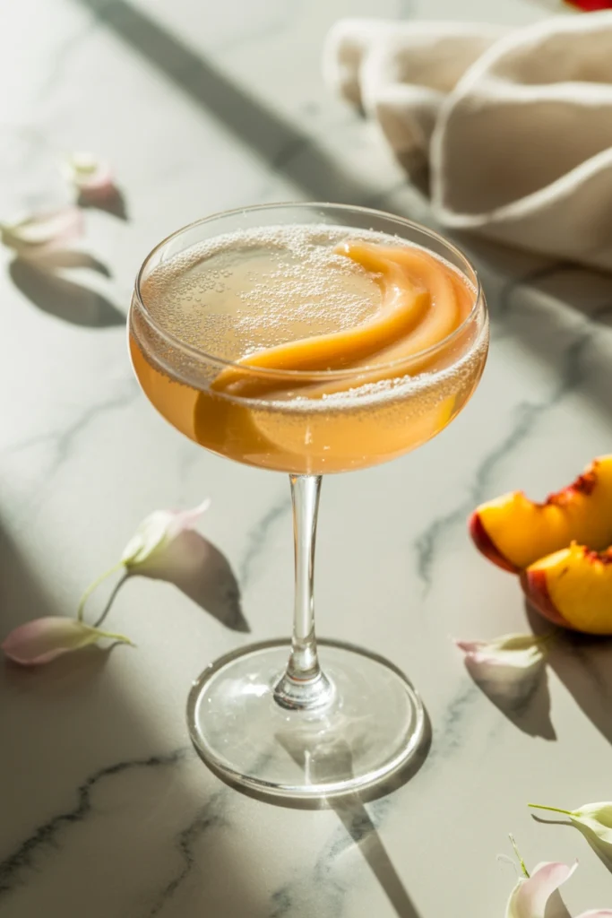 Peach bellini mocktail served in a chilled coupe glass