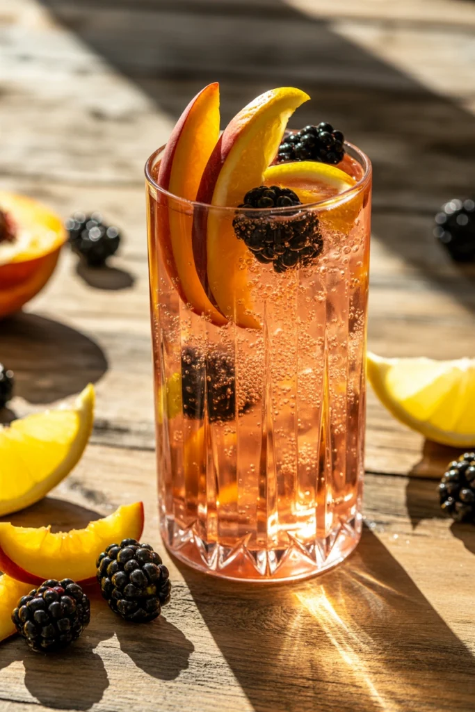 Peach blackberry fizz mocktail with whole blackberries