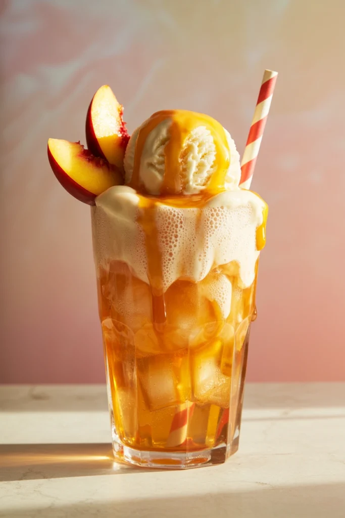 Peach soda float with vanilla ice cream and a long spoon