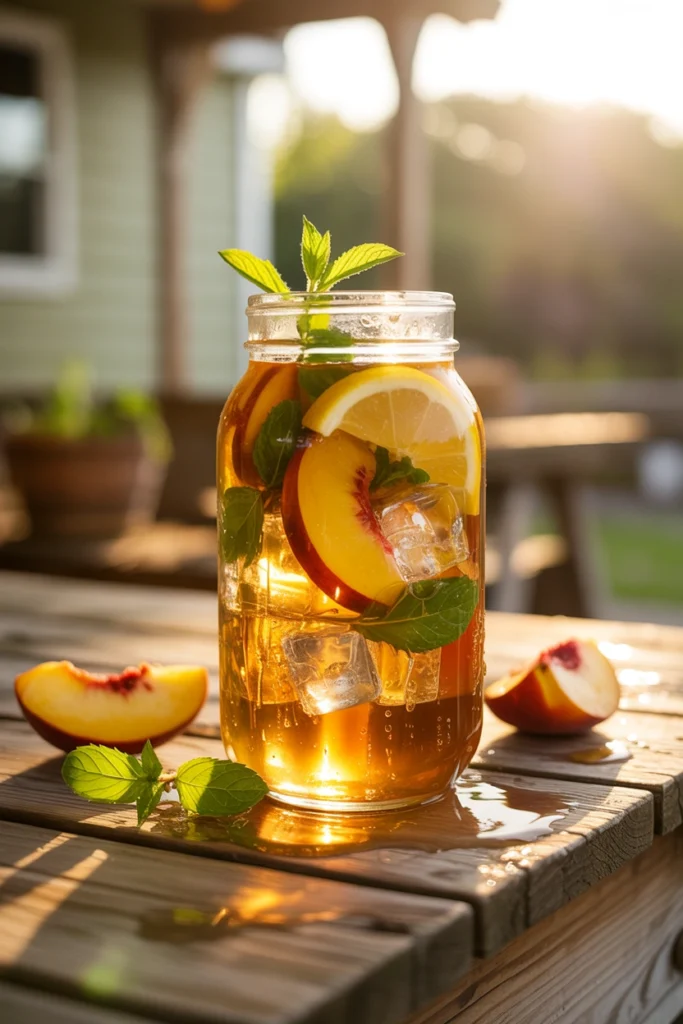 Glass of peach iced tea mocktail with ice and a peach slice garnish