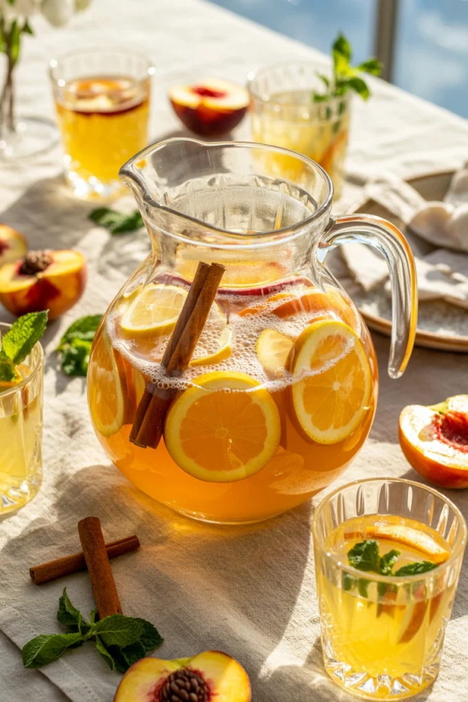 White peach sangria mocktail pitcher with peaches and oranges