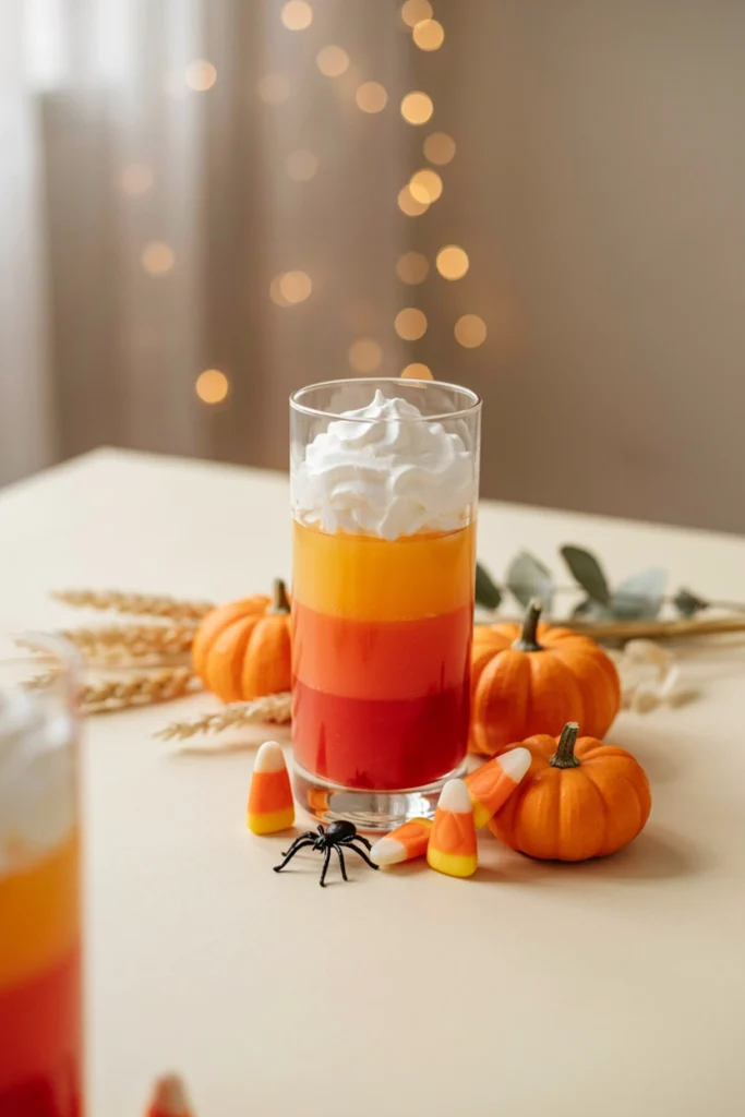 Candy Corn Cocktail with layered orange, yellow, and white bands