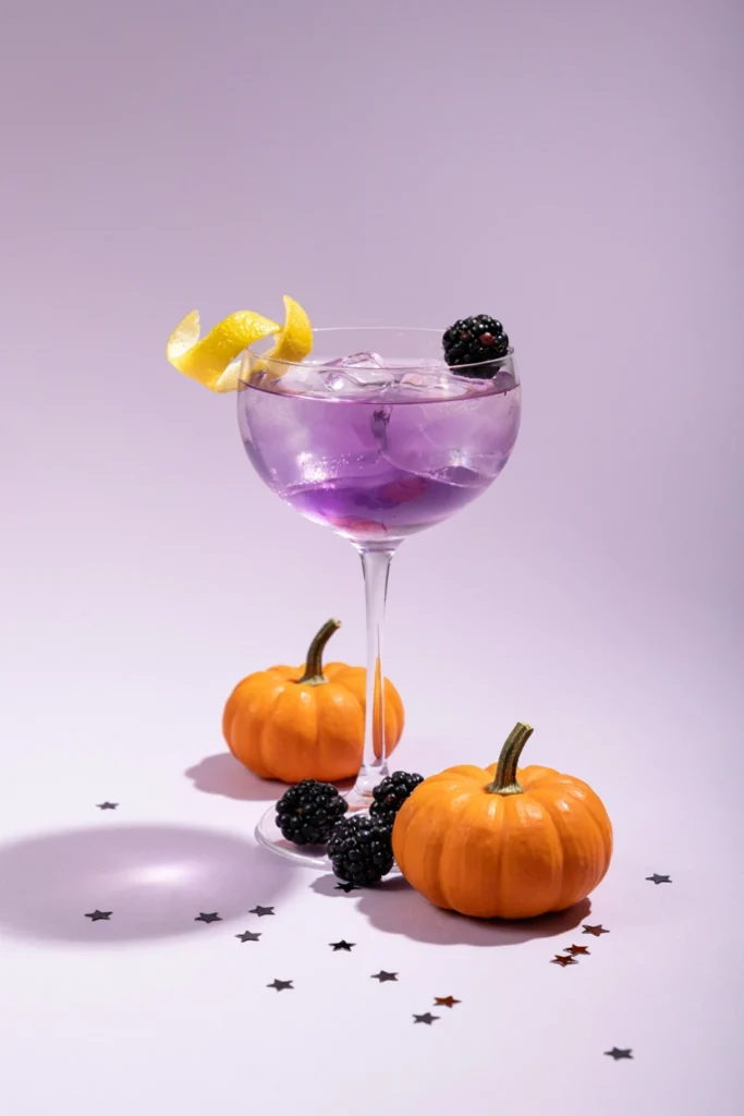 Purple Potion cocktail glowing bright purple in a clear glass