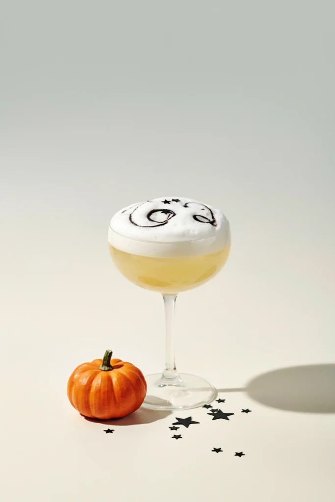 Ghostly Gin Fizz with black food coloring blooming across white foam