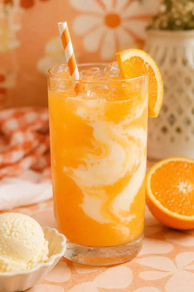 Orange creamsicle mocktail with a swirl of cream in a tall glass