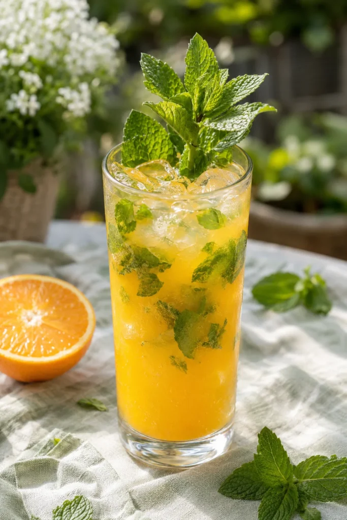 Orange mint cooler mocktail with muddled mint leaves and a mint sprig