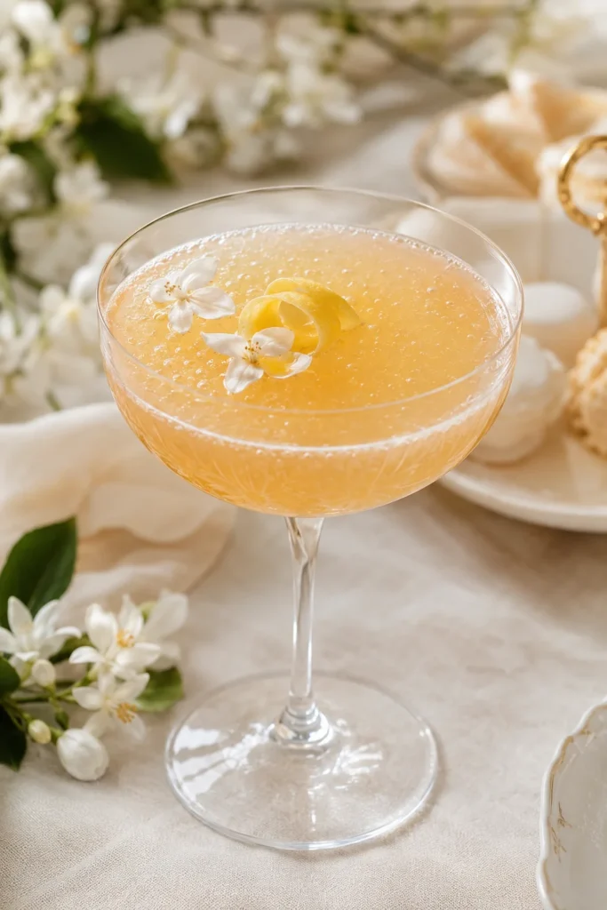 Orange blossom cooler mocktail with edible flower petals