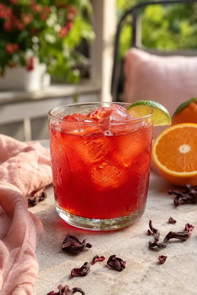 Ruby-orange hibiscus and orange juice mocktail with a lime wedge