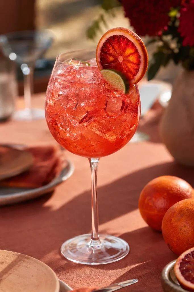 Blood orange spritzer mocktail with a citrus wheel garnish over ice