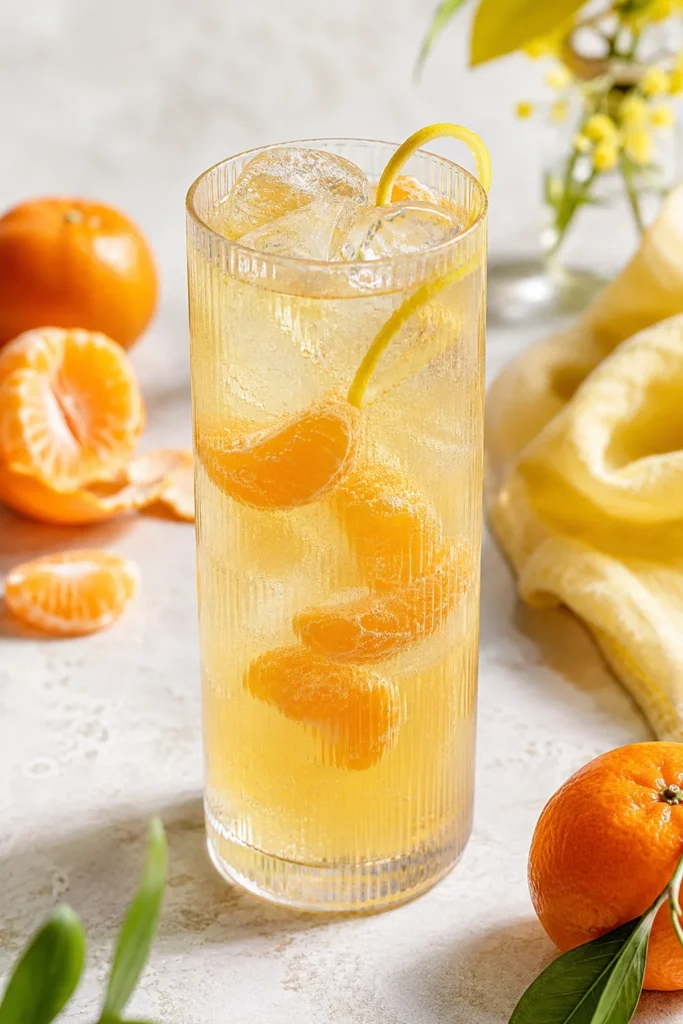 Clementine sparkler mocktail garnished with clementine segments