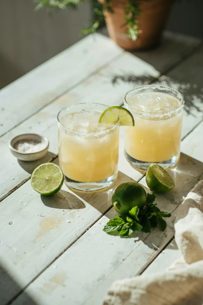 White wine margarita in a salt-rimmed glass with a lime wedge