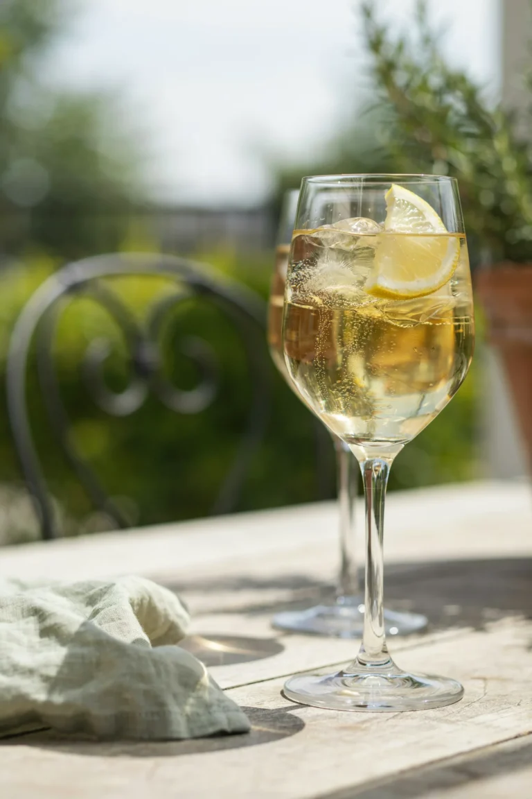 Classic white wine spritzer with soda water and a lemon wedge in a stemmed wine glass