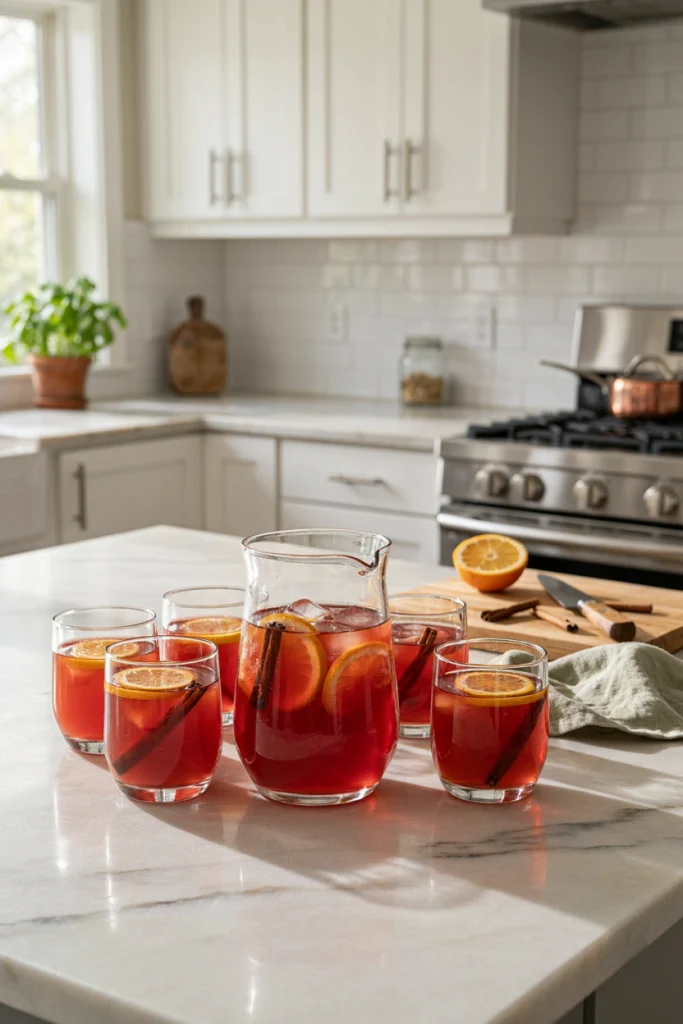 Cranberry Orange Rum Punch bowl with orange wheels and cinnamon sticks