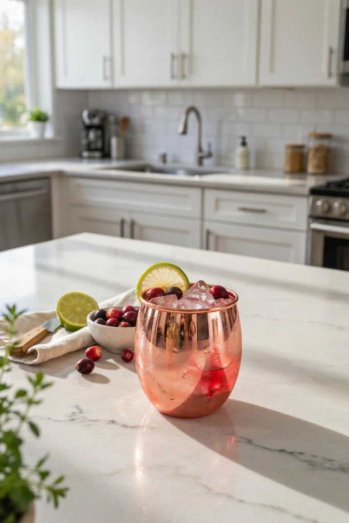 Fresh Cranberry Mule in a copper mug with crushed ice