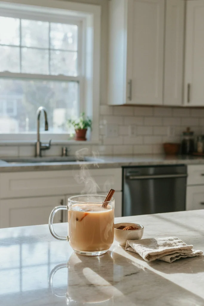 Bourbon Chai Cocktail mug with cinnamon stick garnish