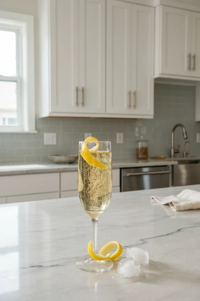 Maple Bourbon French 75 with a lemon twist spiral