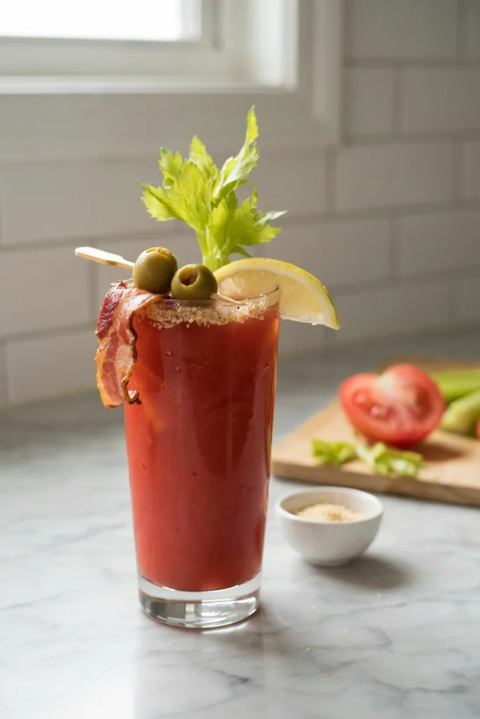 Savory Bloody Mary Mocktail garnished with celery, olives, and bacon