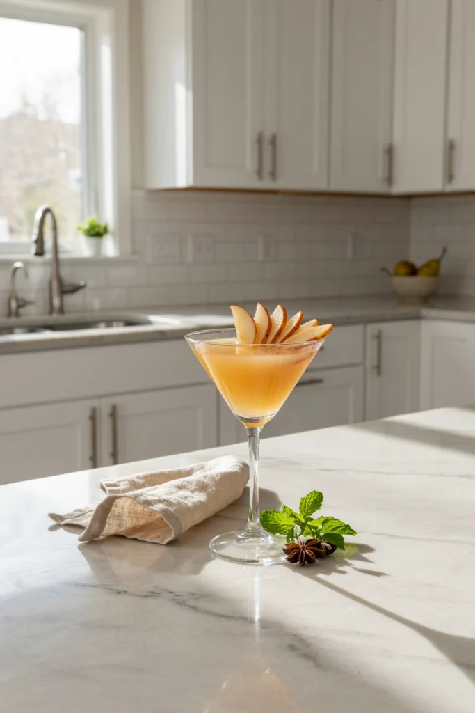 Poached Pear Martini with a fanned pear slice
