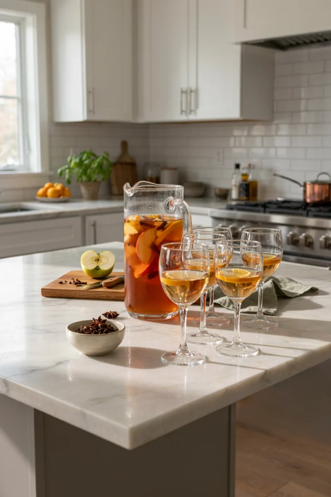 Apple Cider Sangria pitcher with apple, orange, and cinnamon sticks