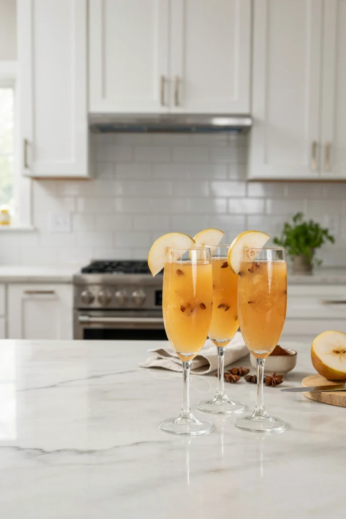 Spiced Pear Bellini with a thin pear slice garnish