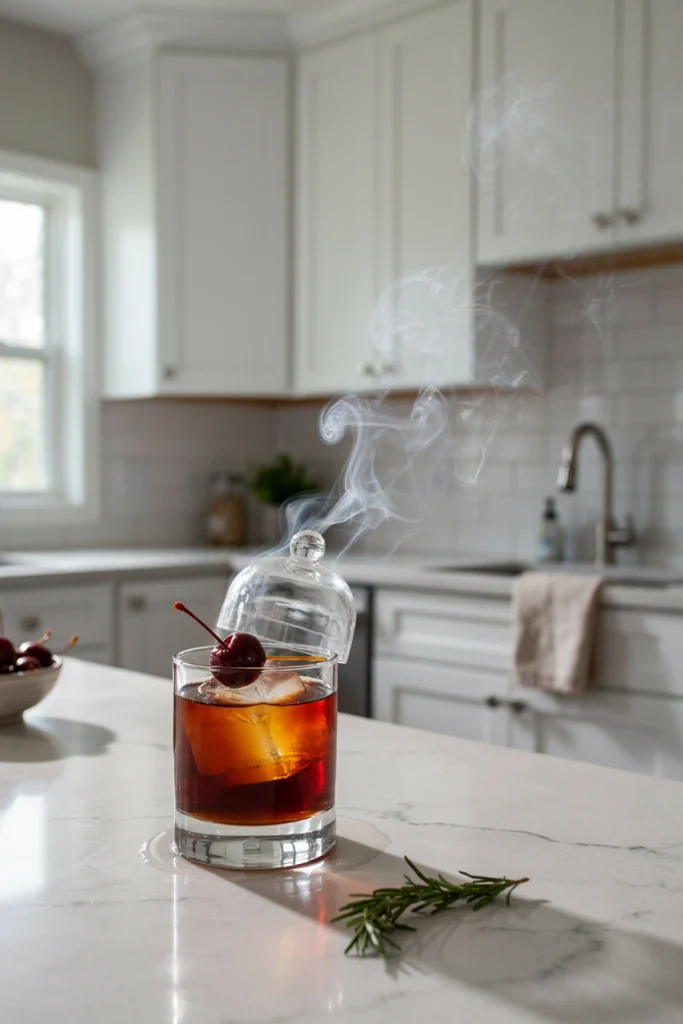 Smoked Maple Manhattan under a smoke-filled glass cloche