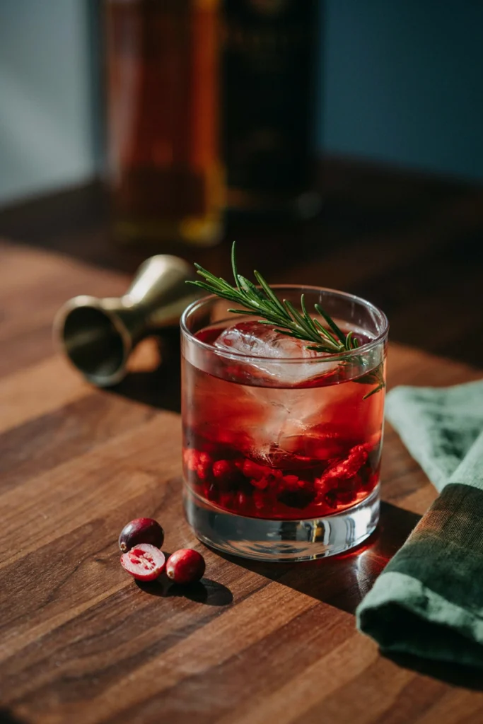 Bourbon Cranberry Smash with muddled cranberries and rosemary